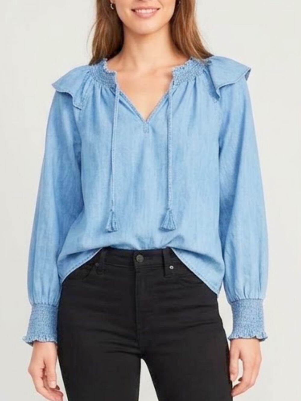 OLD NAVY Puff Sleeve Denim Poet Blouse Ruffle Trim Size L NWT!